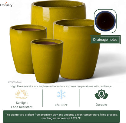 Emissary Bullet 14 in. Mustard Yellow Ceramic Round Planter (14 in. L x 14 in. W x 15.5 in. H) with
