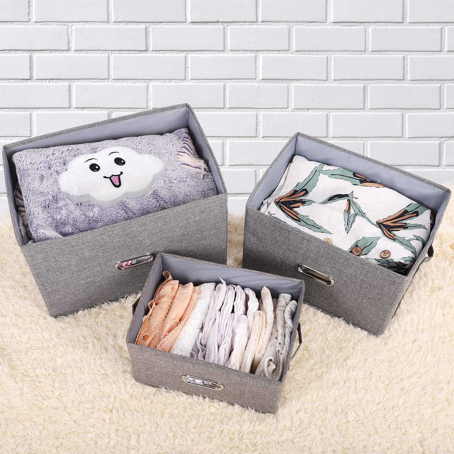 Linen Fabric Collapsible Storage Bins with Removable Lids and Handles, Washable Storage Box