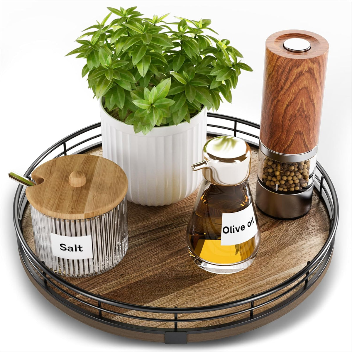Acacia Wood 10" Lazy Susan Turntable Organizer for Table Top, Farmhouse Round Wooden Lazy Susan for
