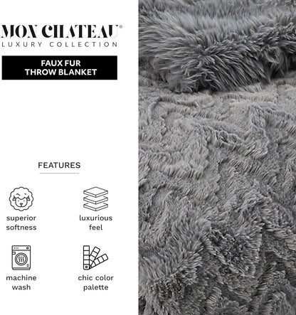 Mon Chateau Grey 3D Jacquard Faux Fur Throw, Plush Luxury Blanket for Couch, Sofa, or Bed, Soft