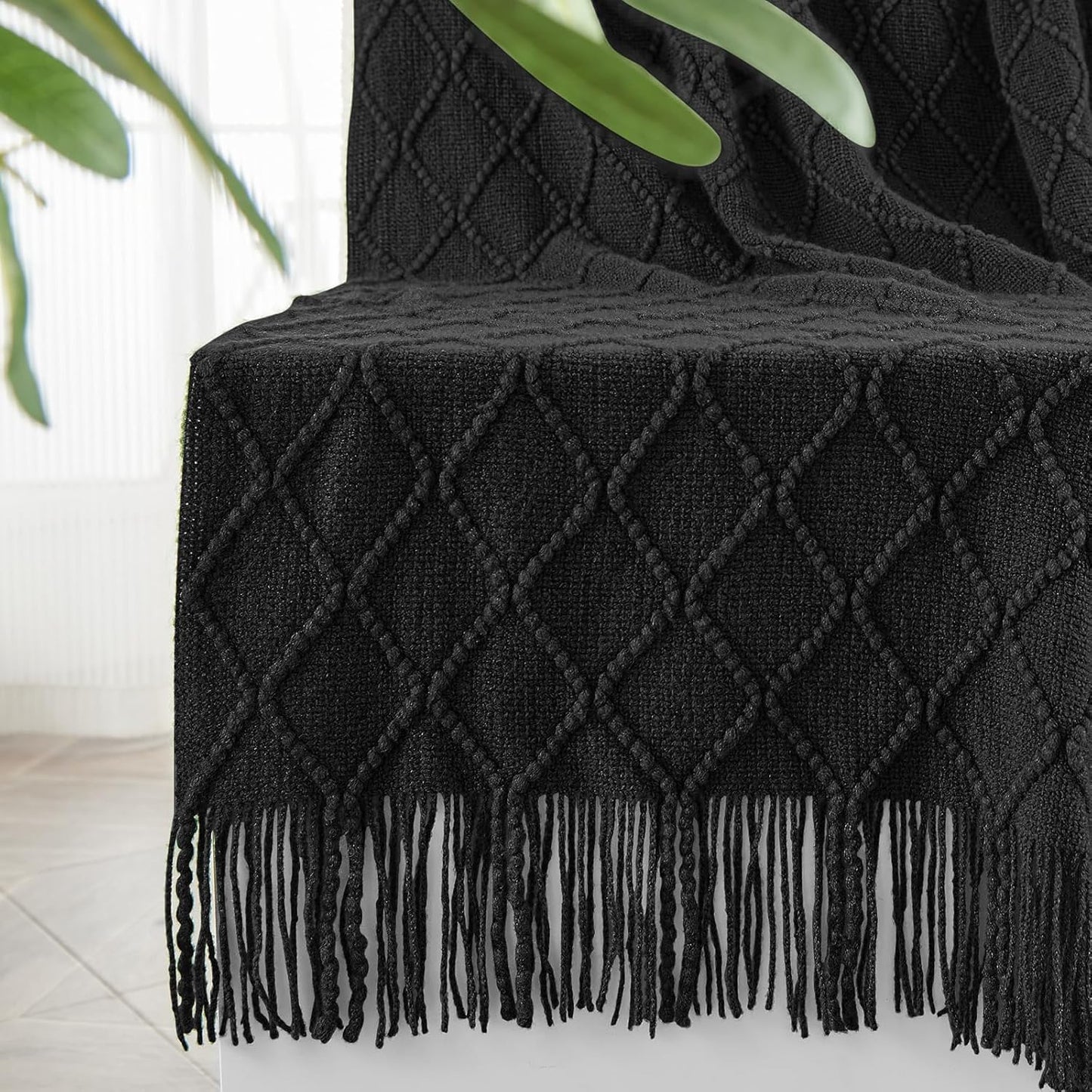inhand Knitted Throw Blankets for Couch and Bed, Soft Cozy Knit Blanket with Tassel, Black
