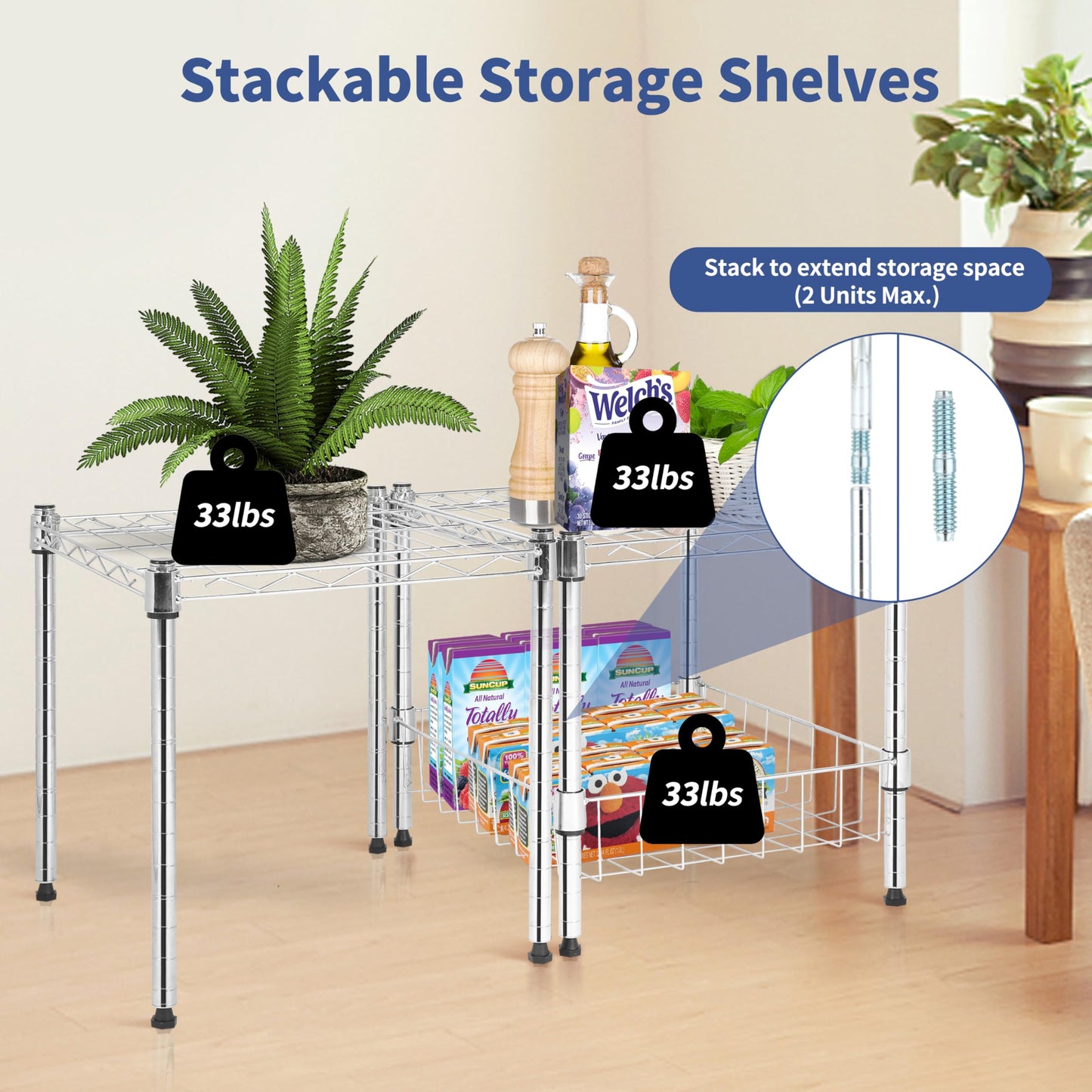 YSSOA 2-Tier Shelving Unit, 15" W x 13.8" D x 15" H Wire Metal Stackable Storage with Basket