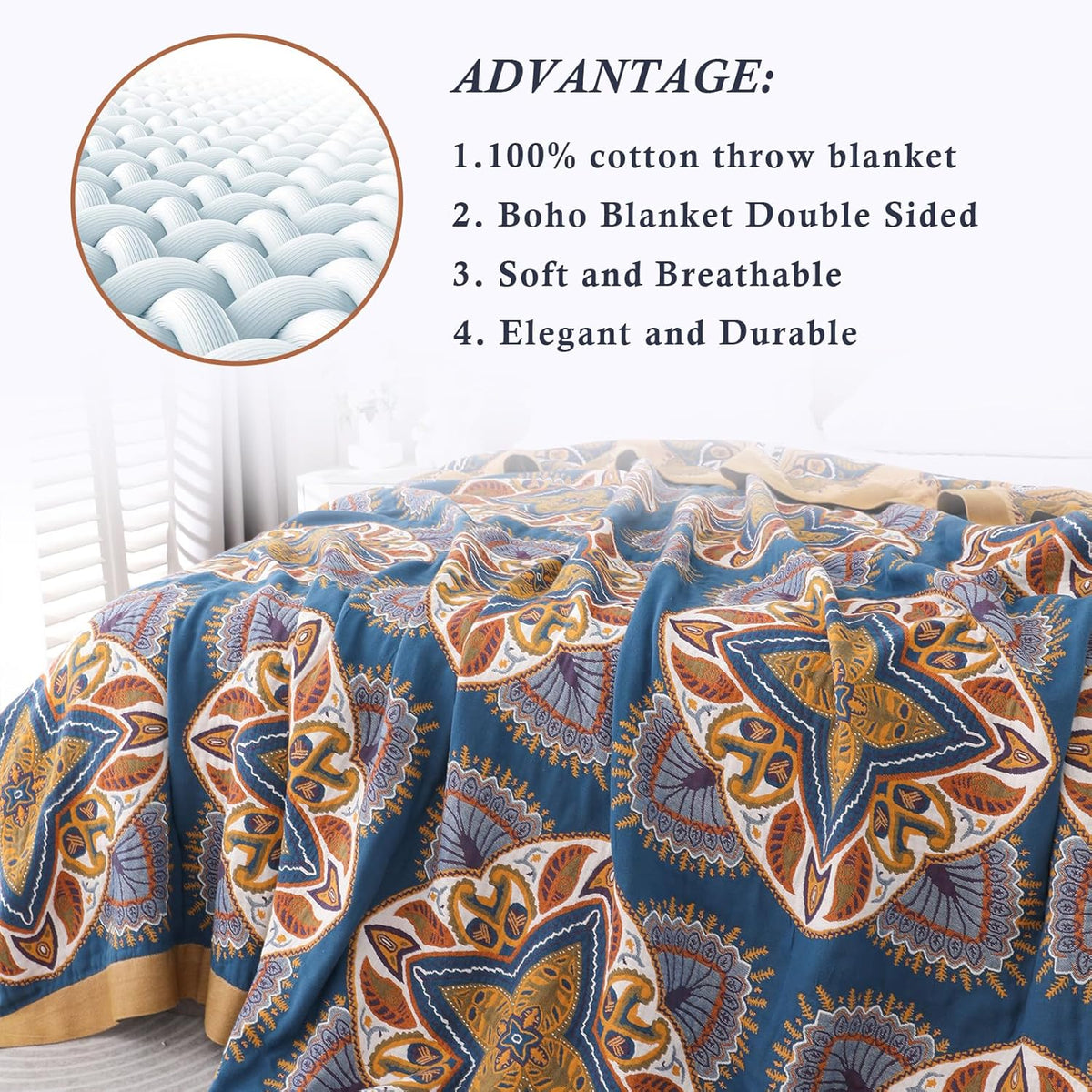 Snycler Boho Throw Blanket for Bed - 100% Cotton Ultra Soft Rustic Quilt Blanket Orange Green