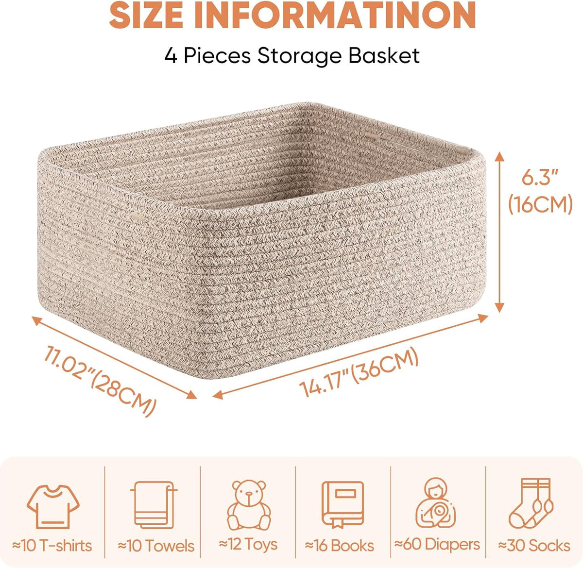 OIAHOMY 4 Pack 14.17*11.02*6.3IN Storage Baskets for Organizing Shelves, Woven Rope Baskets for
