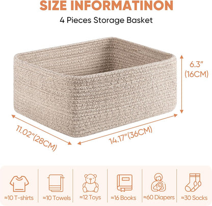 OIAHOMY 4 Pack 14.17*11.02*6.3IN Storage Baskets for Organizing Shelves, Woven Rope Baskets for