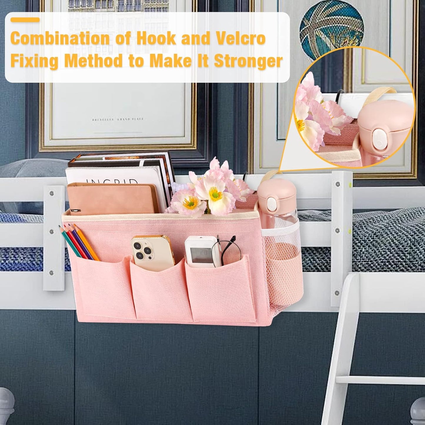 Bedside Organizer with Fixed Straps and Water Bottle Holder for Home, College, Dorm, Bunk
