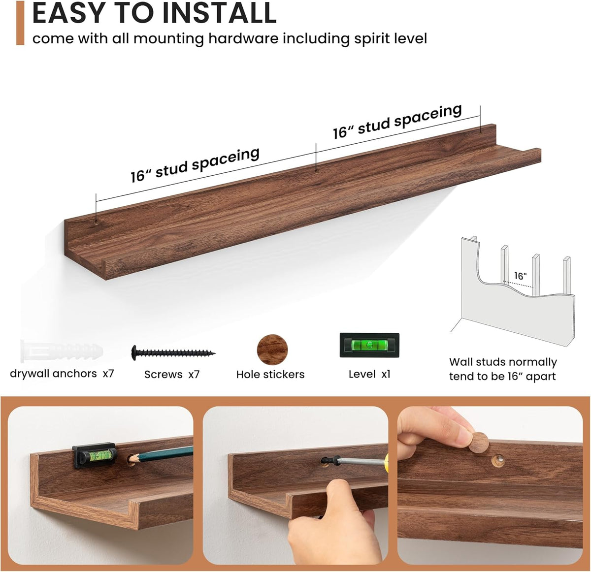 Fun Memories Picture Ledge Shelves Set of 2, 36 Inch Rustic Wall Mounted Floating Shelves with Lip