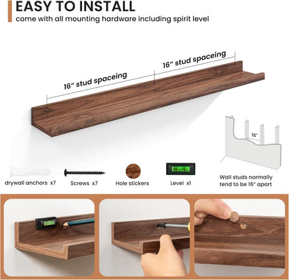 Fun Memories Picture Ledge Shelves Set of 2, 36 Inch Rustic Wall Mounted Floating Shelves with Lip