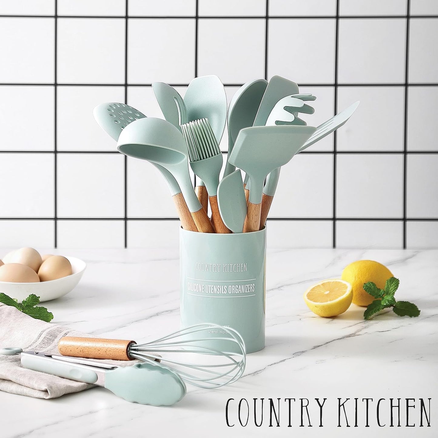 Country Kitchen Non Stick Silicone Utensil Set with Rounded Wood Handles for Cooking and Baking, 14