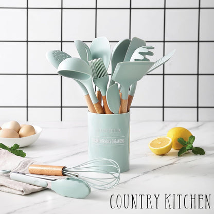 Country Kitchen Non Stick Silicone Utensil Set with Rounded Wood Handles for Cooking and Baking, 14