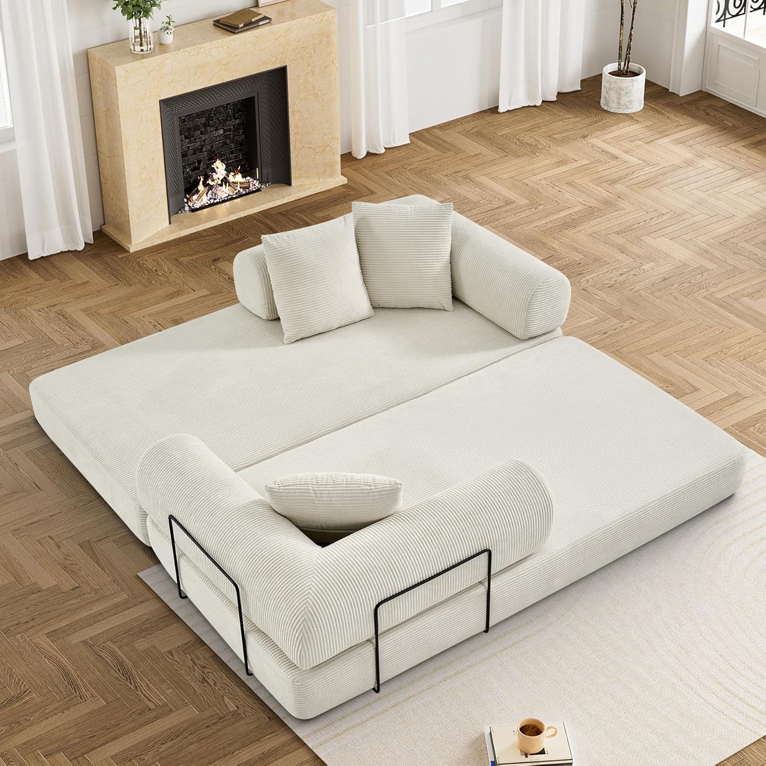 Convertible Sleeper Sofa Bed with Pillow, 4-in-1 Corduroy Folding Mattress Couch with Fixed-Shape