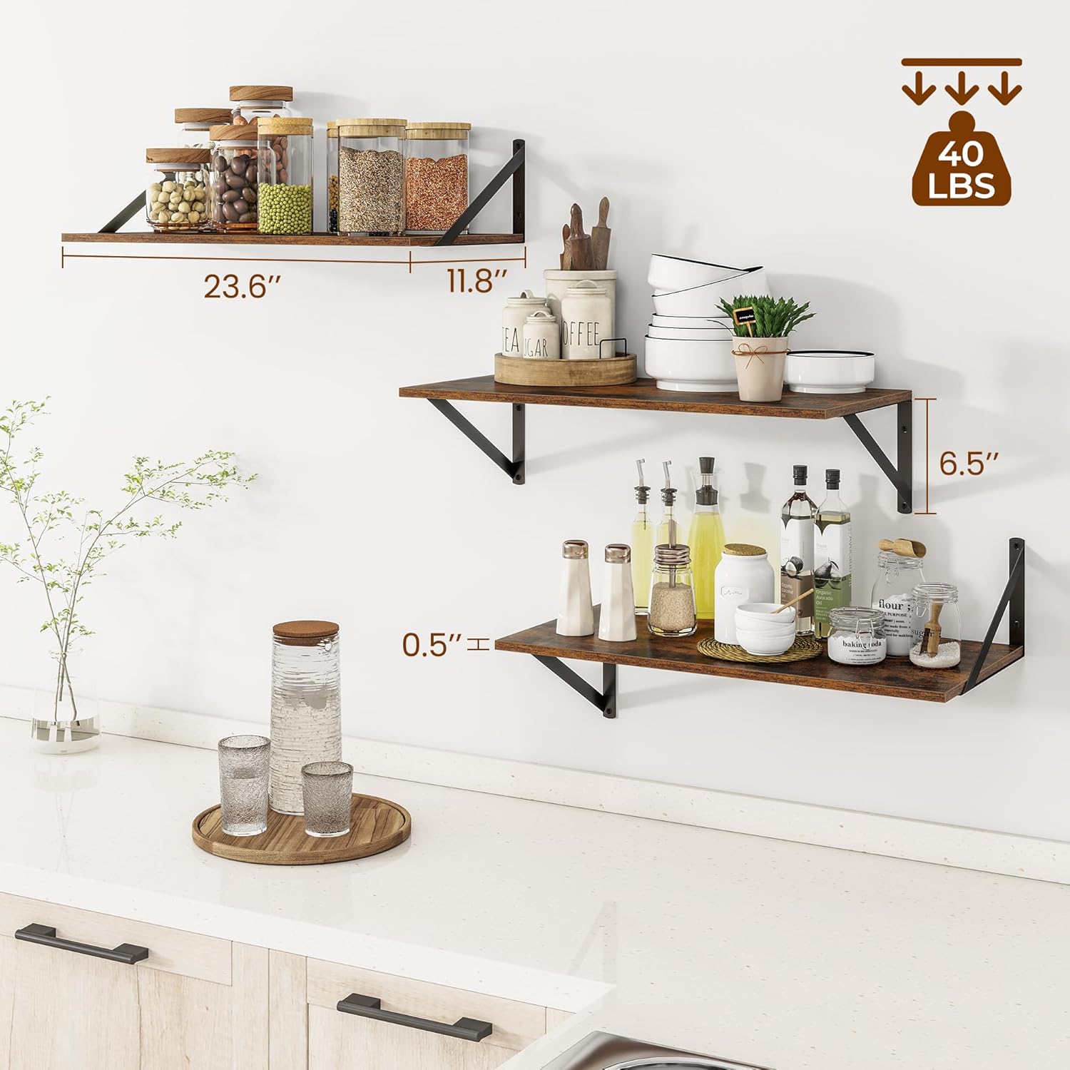 Heimlove 24" W x 12" D Wall Shelves for Books, 12 Inch Deep Floating Shelves Set of 3, Wide