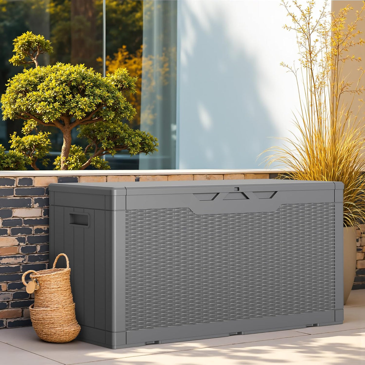 Greesum 100 Gallon Resin Deck Box Lockable Large Outdoor Storage Boxes for Garden Tools, Patio
