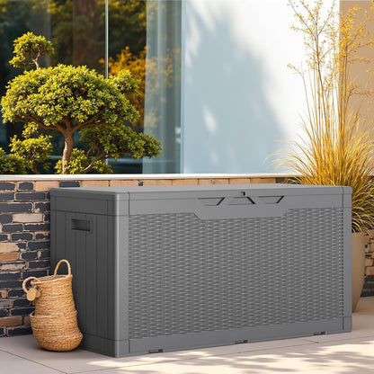 Greesum 100 Gallon Resin Deck Box Lockable Large Outdoor Storage Boxes for Garden Tools, Patio
