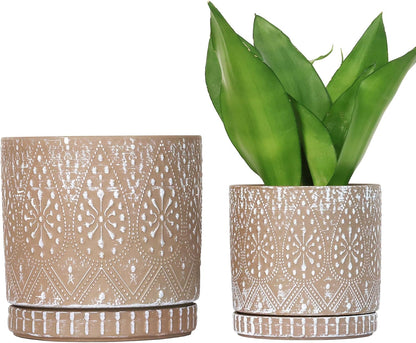 8 Inch + 6 Inch Plant Pot with Drainage Holes and Saucers, Indoor Ceramic Planter for Plants