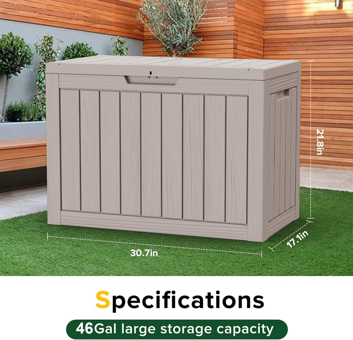 Vixzen 46 Gallon Resin Deck Box, Lockable Outdoor Storage Box for Patio Cushions Storage