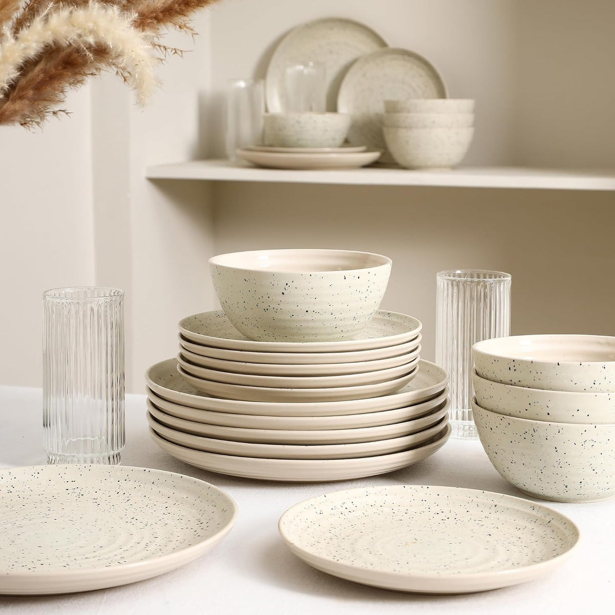 Stone Lain Dua 16-Piece Dinnerware Set Stoneware, Borosilicate Glass, White