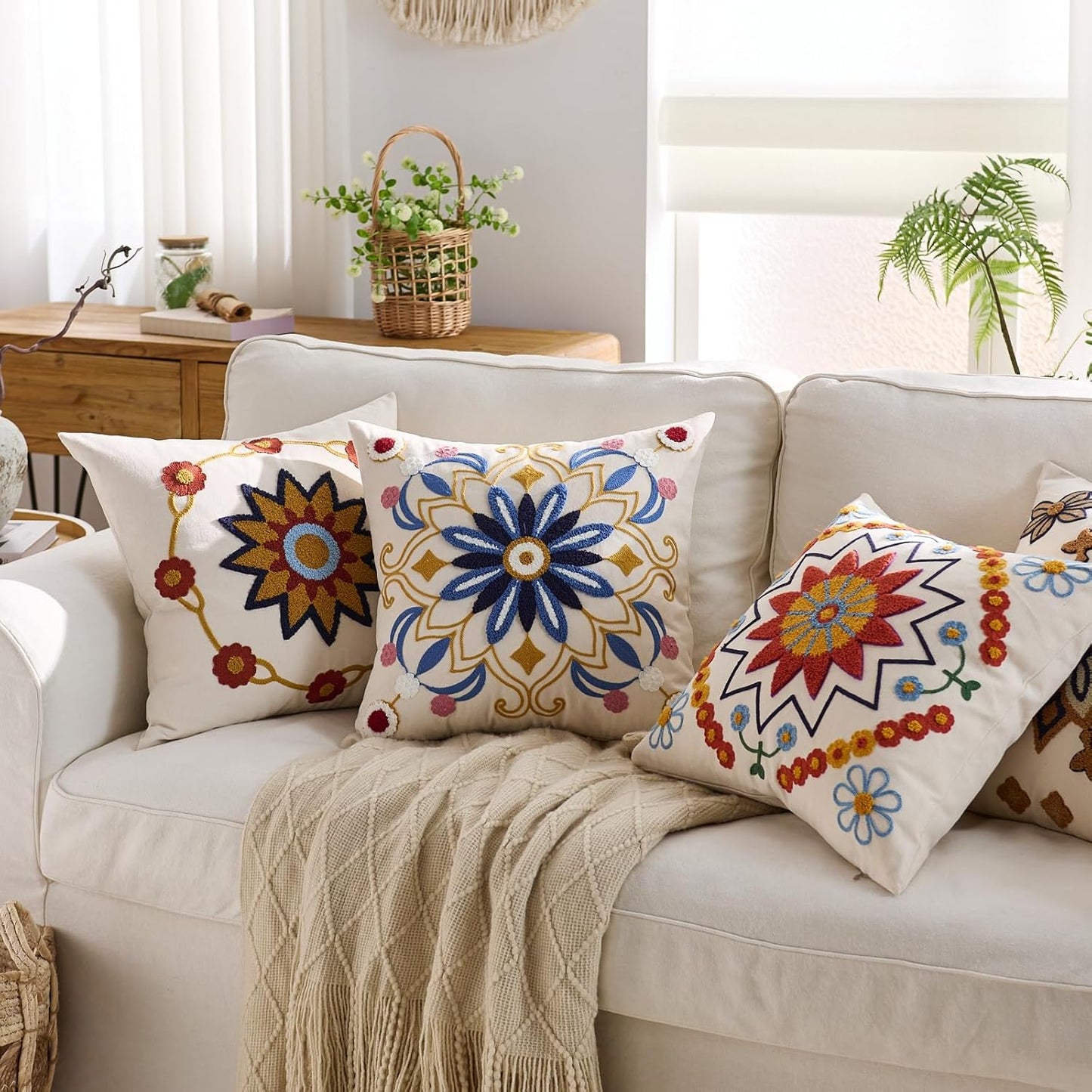 Embroidered Throw Pillow Cover 18x18 Classic Boho Floral Pattern Pillows Cover Outdoor Decorative