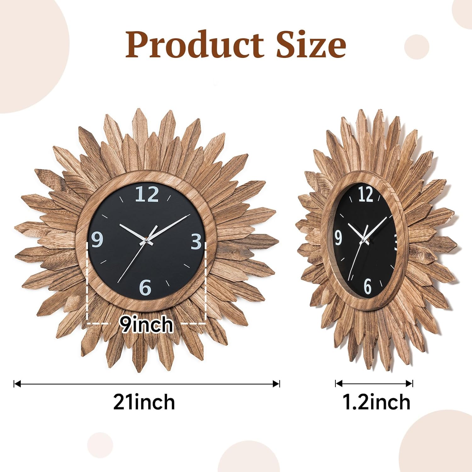 Honiway Large Wall Clock Battery Operated 21 in Rustic Wood Boho Sunburst Decorative Wall Clock