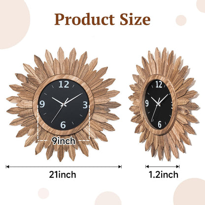 Honiway Large Wall Clock Battery Operated 21 in Rustic Wood Boho Sunburst Decorative Wall Clock