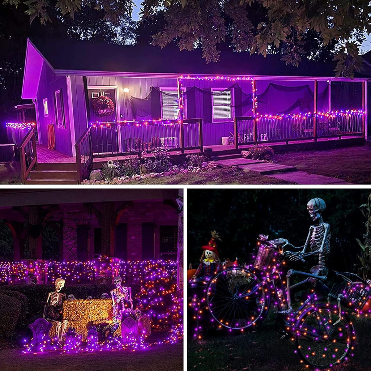 Purple and Orange Halloween Solar String Lights Outdoor, 2 Pack 80FT 200LED Solar Twinkle Lights