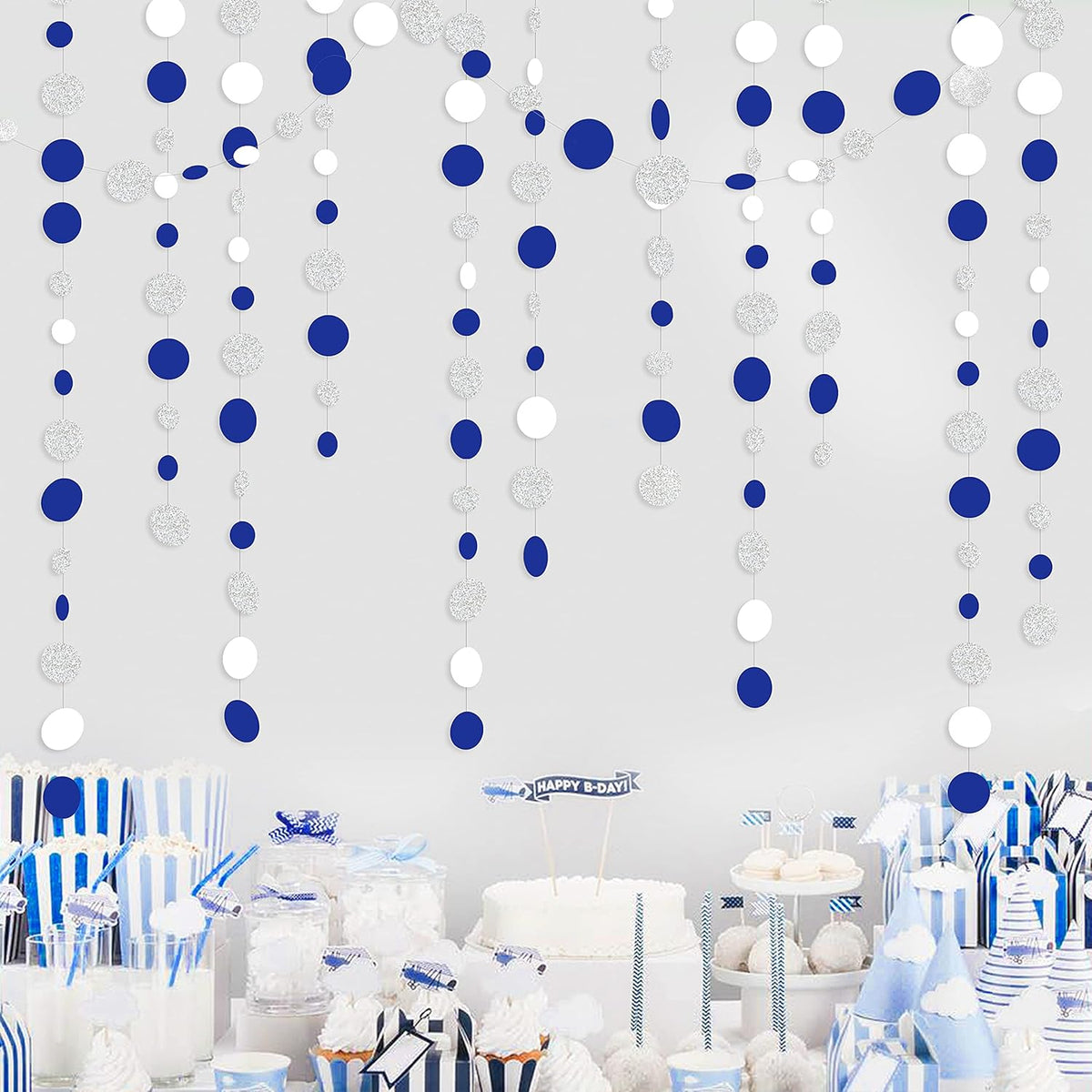 46 Feet Navy Blue White and Silver Circle Dots Garland Royal Blue Hanging Paper Polka Dots Streamer