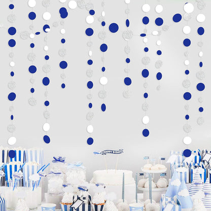 46 Feet Navy Blue White and Silver Circle Dots Garland Royal Blue Hanging Paper Polka Dots Streamer