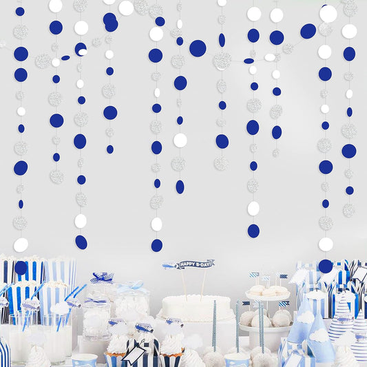 46 Feet Navy Blue White and Silver Circle Dots Garland Royal Blue Hanging Paper Polka Dots Streamer