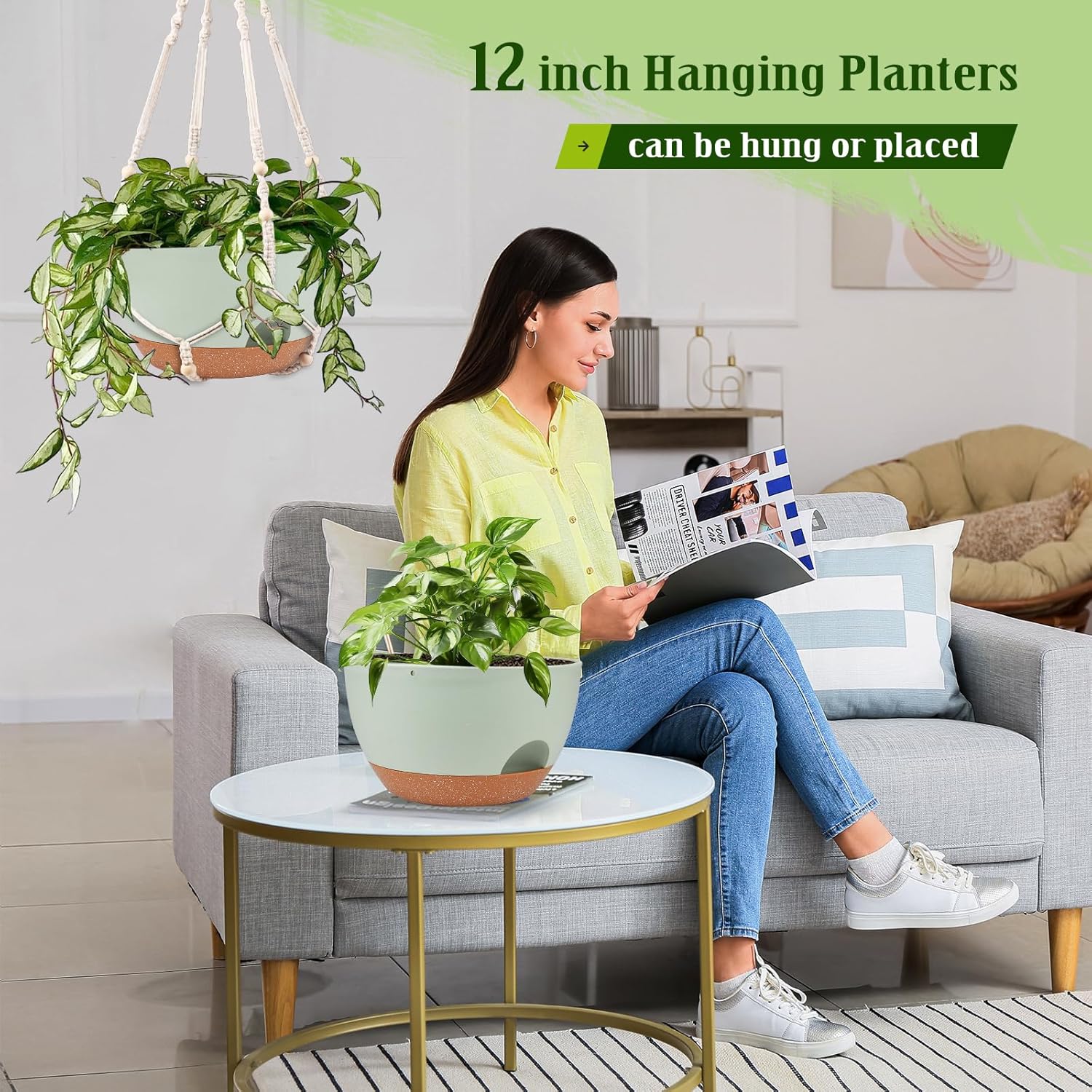 Hanging Planters for Outdoor Indoor Plants, 2 Pack 12 Inch Hanging Basket Plants Outdoor, Self