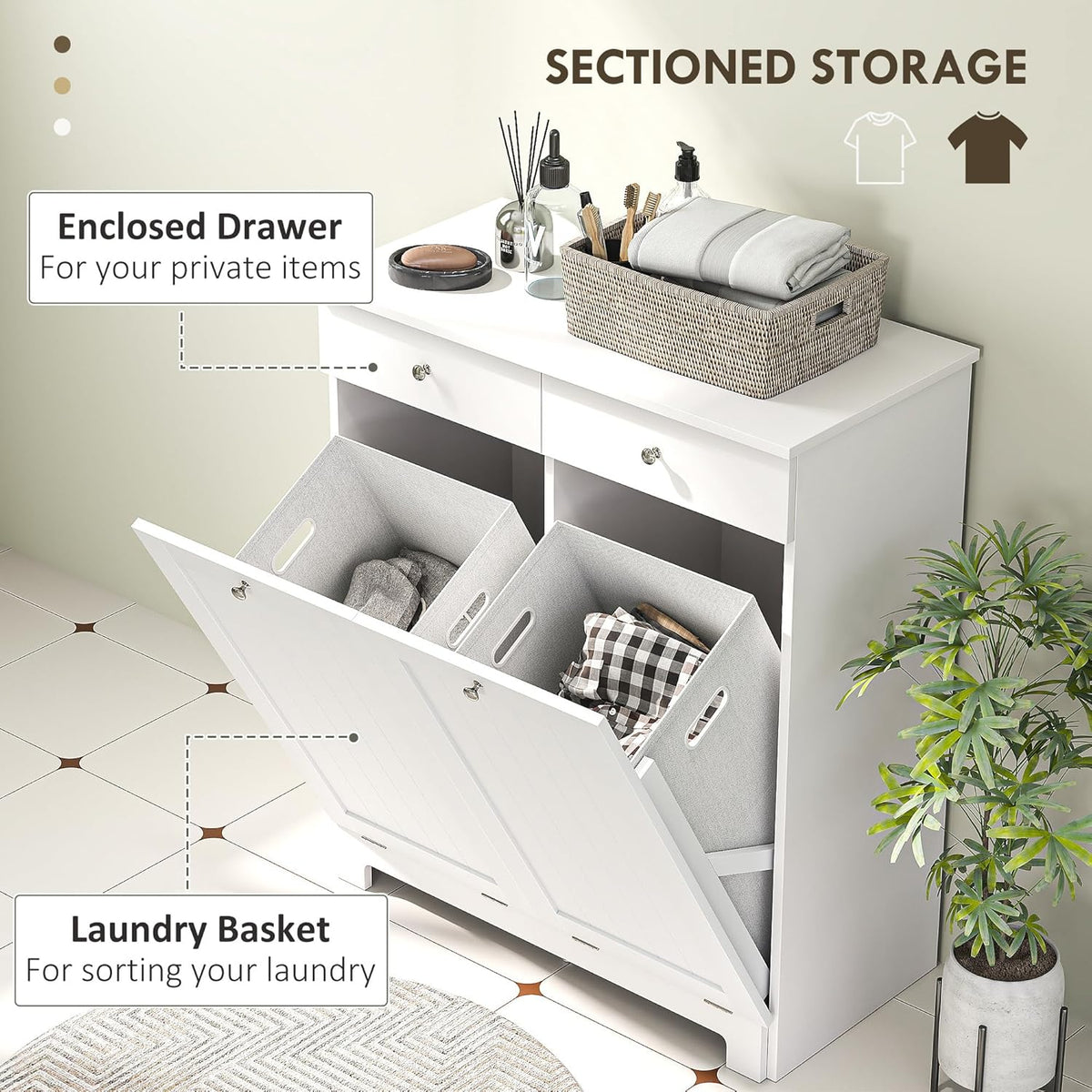 HOMCOM Laundry Hamper Cabinet with 2 Removable Baskets, Tilt Out Laundry Hamper Cabinet with 2
