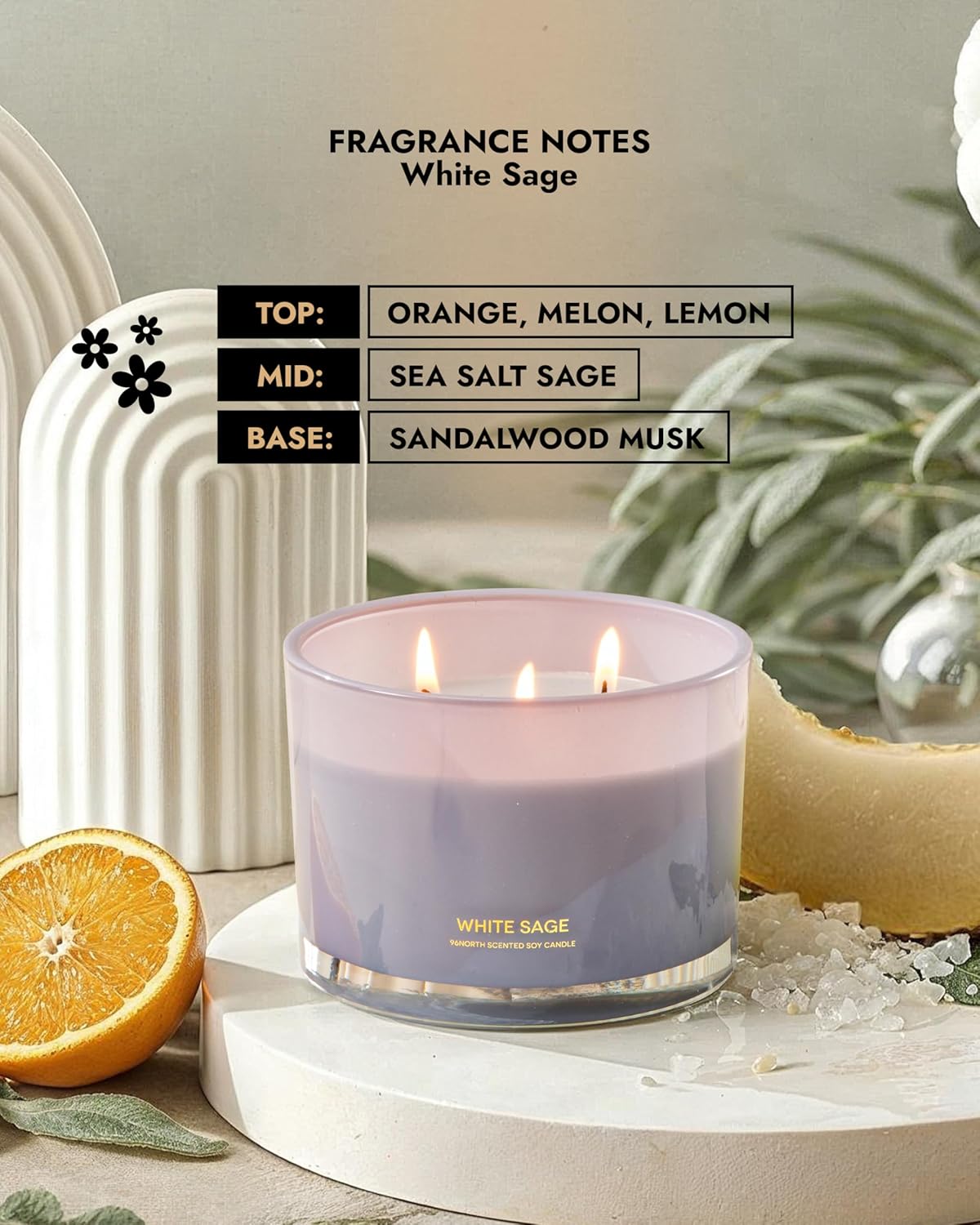 96NORTH Luxury White Sage Candle | Large 3 Wick Jar Candle | Up to 50 Hours Burning Time | 100%
