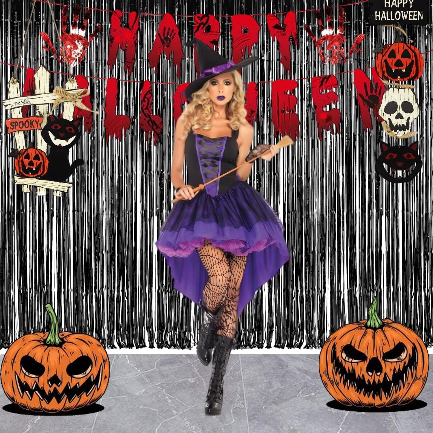 Foil Fringe Curtain Halloweens Party Decorations - Pure Black Tinsel Photo Backdrop Party Steamers