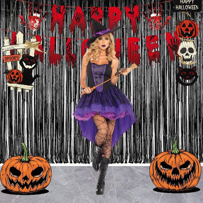 Foil Fringe Curtain Halloweens Party Decorations - Pure Black Tinsel Photo Backdrop Party Steamers