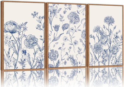 Tinonedraw Large Classic Chinoiserie Flower Framed Canvas Wall Art Set, Navy Blue and White Floral