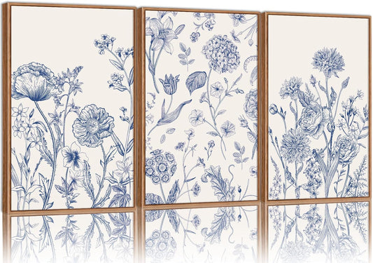 Tinonedraw Large Classic Chinoiserie Flower Framed Canvas Wall Art Set, Navy Blue and White Floral