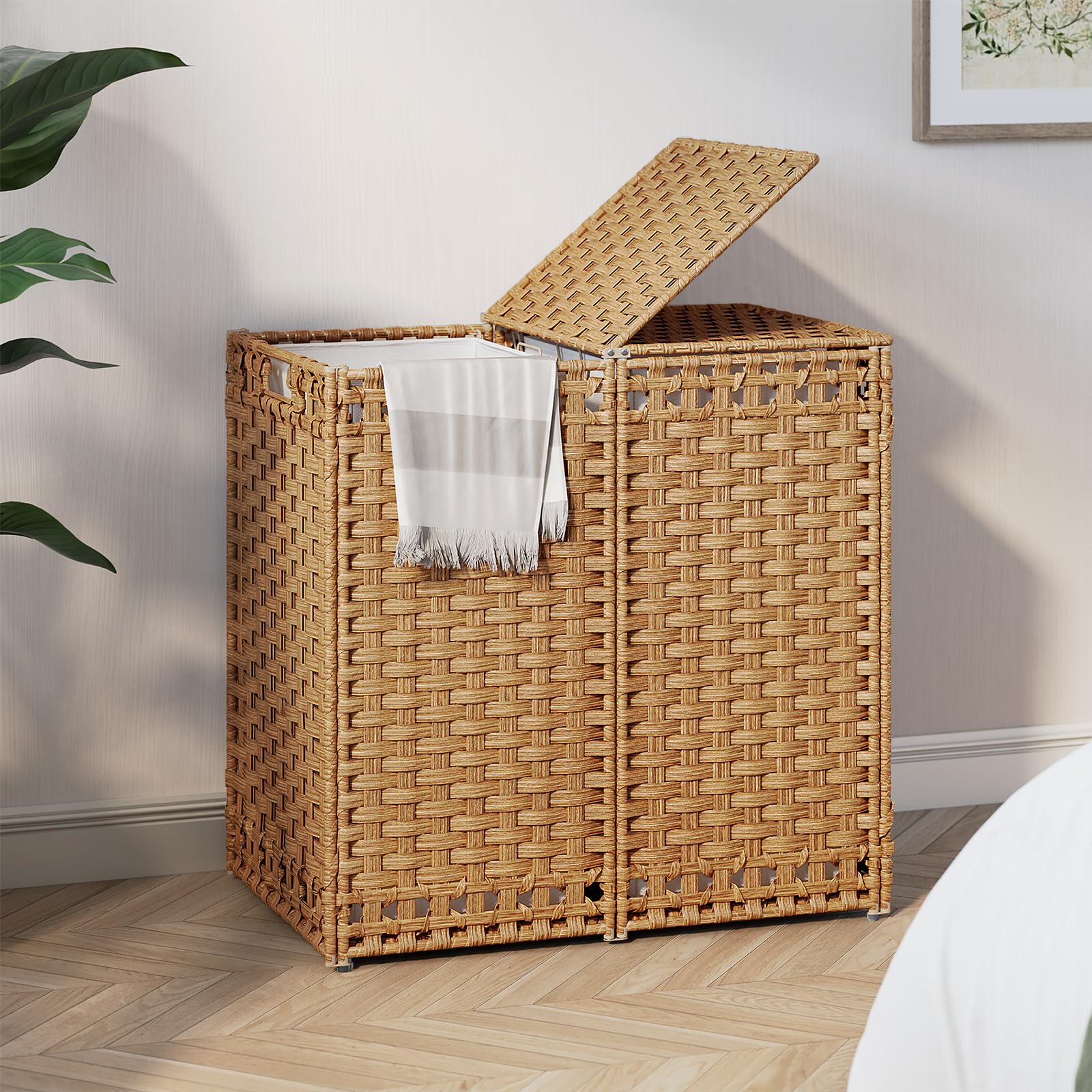 130L Foldable Laundry Hamper with Lid - Handwoven Rattan Storage Basket, 2-Section Clothes Hamper