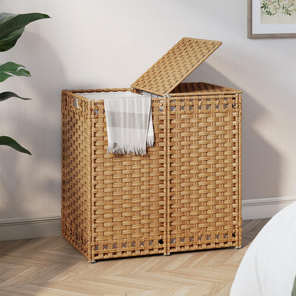 130L Foldable Laundry Hamper with Lid - Handwoven Rattan Storage Basket, 2-Section Clothes Hamper