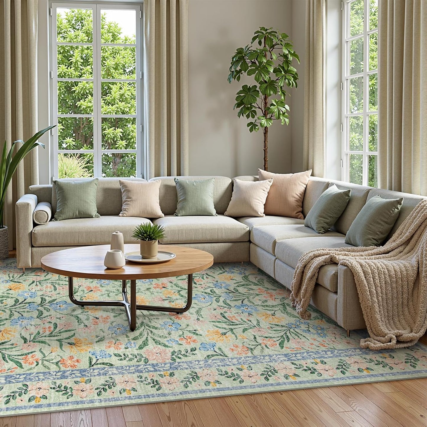 Wonnitar 10x14 Machine Washable Area Rugs, Green Floral Large Rugs for Living Room, Ultra-Thin