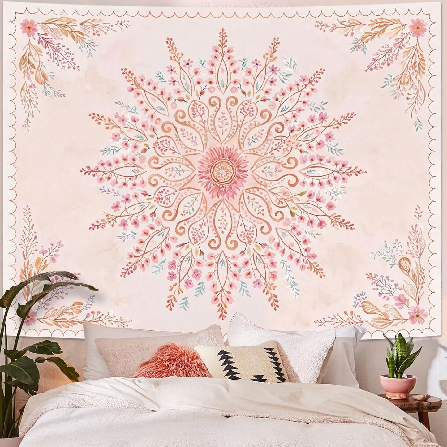 Lunerfex Floral Mandala Tapestry Boho Tapestry for Bedroom Pink Tapestries Wall Hanging Living Room