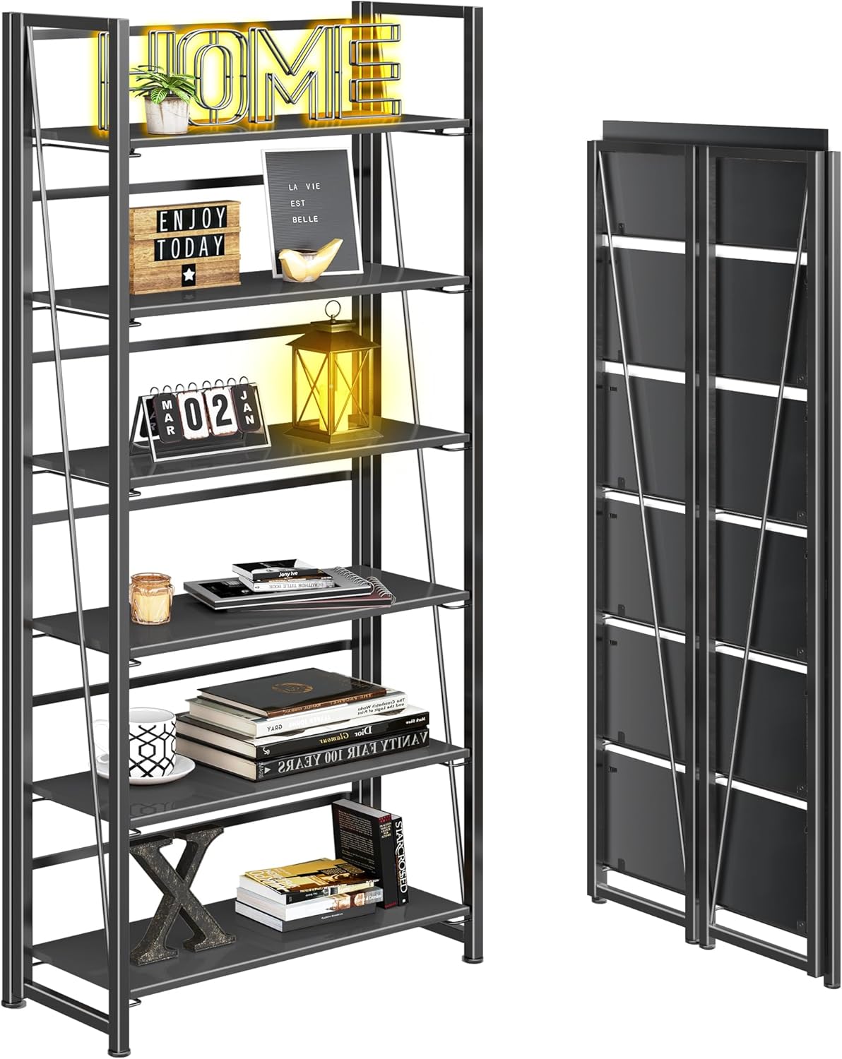 4NM No Assembly Foldable Bookshelf, 6-Shelf Collapsible Bookcase Storage for Small Spaces, 74" H