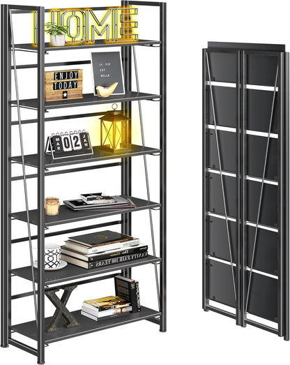 4NM No Assembly Foldable Bookshelf, 6-Shelf Collapsible Bookcase Storage for Small Spaces, 74" H