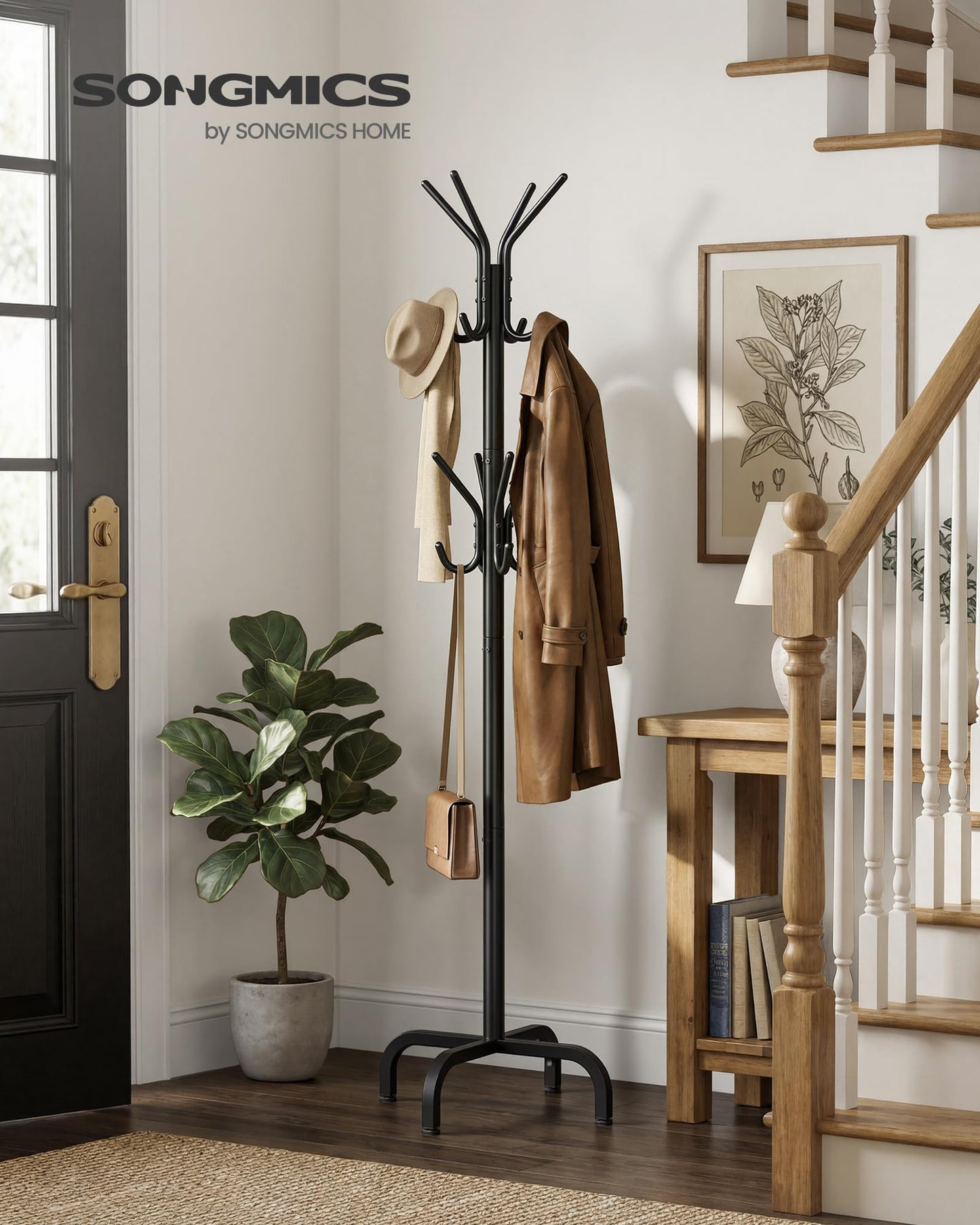 SONGMICS Coat Rack Freestanding with 16 Hooks, Metal Coat Tree Stand with 4 Adjustable Feet