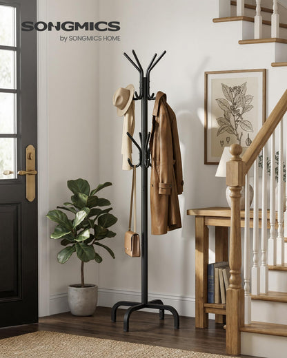 SONGMICS Coat Rack Freestanding with 16 Hooks, Metal Coat Tree Stand with 4 Adjustable Feet