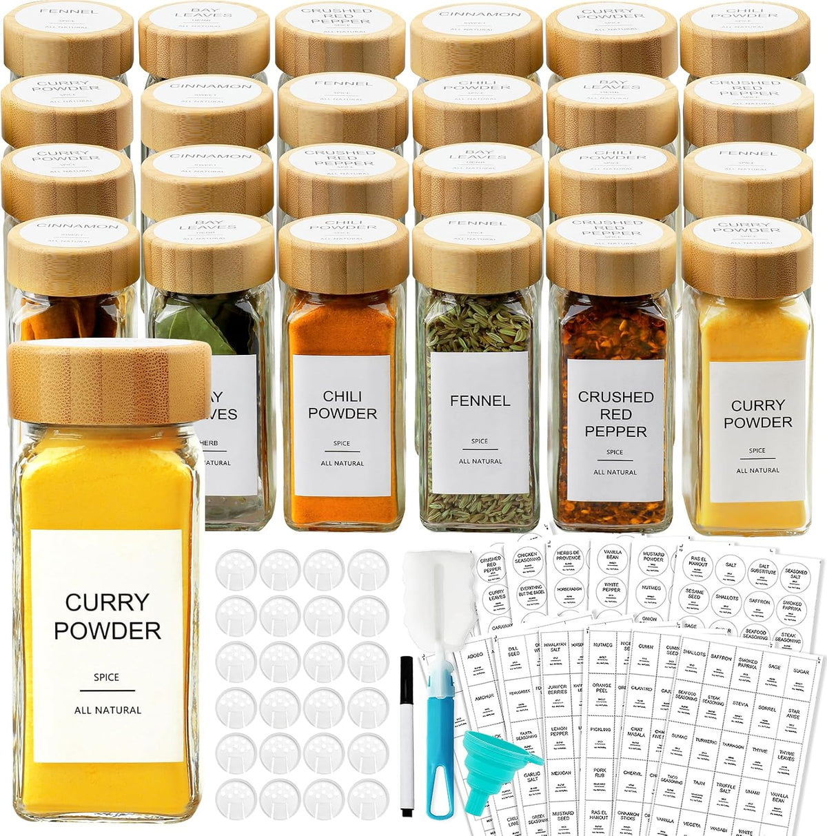 AISIPRIN Glass Spice Jars with 398 Labels, 24 pcs 4oz Spice Containers with Bamboo Lids, Square