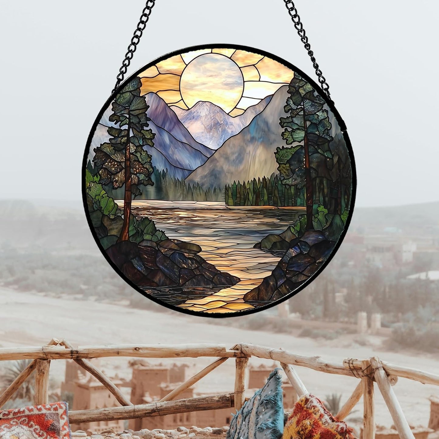 Stained Glass Window Hanging, Sunset Mountains Lake Tree Sun Catcher for Window Home Decor