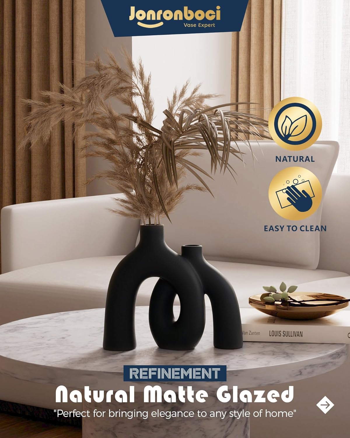 Matte Black Vase Set - Hug Hollow Donut Aesthetic Ceramic Vases Home Decor, Modern Nordic