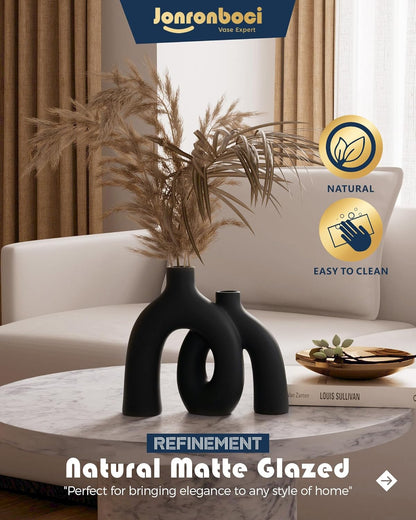 Matte Black Vase Set - Hug Hollow Donut Aesthetic Ceramic Vases Home Decor, Modern Nordic