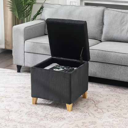 Adeco 18 Inch High Faux Fur Grey Cube Ottoman Storage, Fluffy Striped Velvet Chair Foot Stools