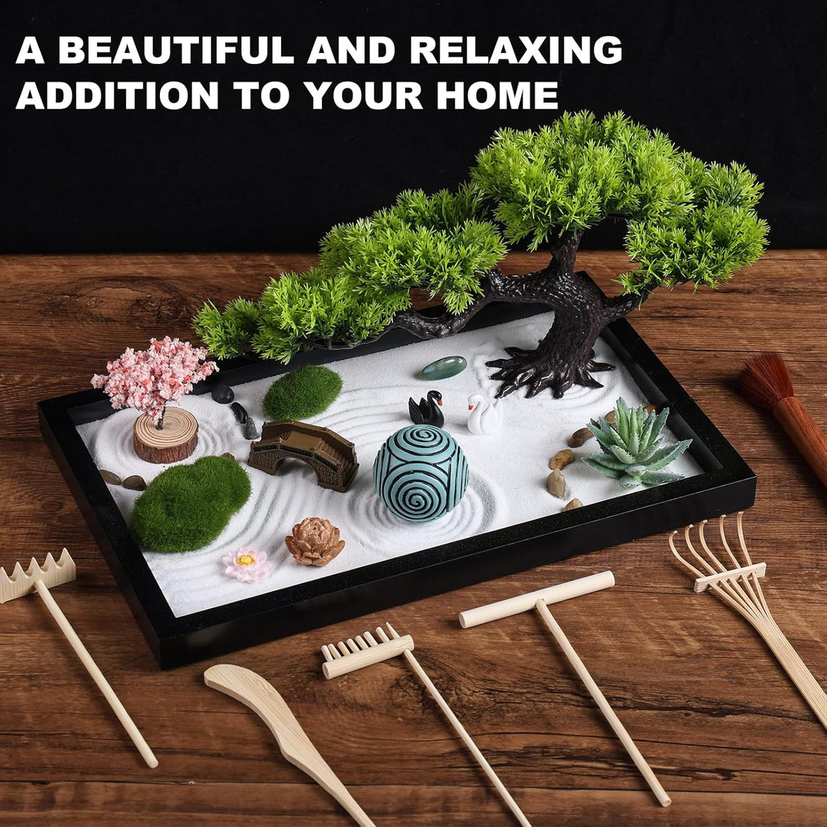 Zen Garden Kit for Desk Decor - Premium Beautiful Japanese Mini Zen Sand Garden Box Set for Home
