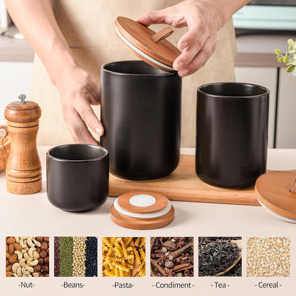 Black Ceramic Canister Set with Bamboo Lids, 3-Piece Airtight Food Storage Jars for Kitchen